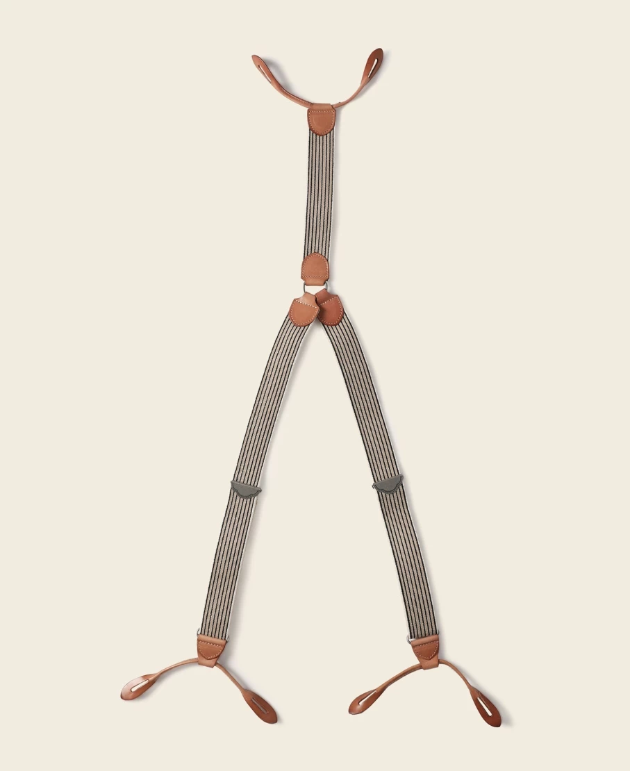 Bronson Men's Blue & Yellow Stripe Y-Back Leather Button Suspenders - Vintage Style Old-Time Design
