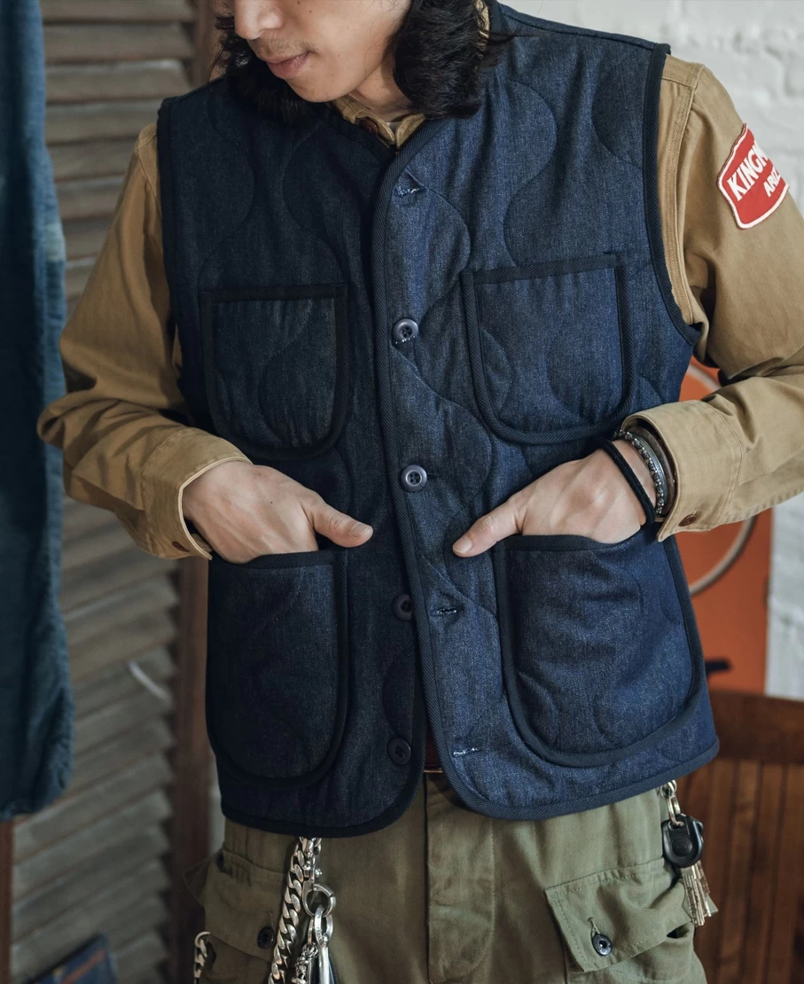 Bronson Men's Navy Military Quilted Denim Vest Padded Jacket